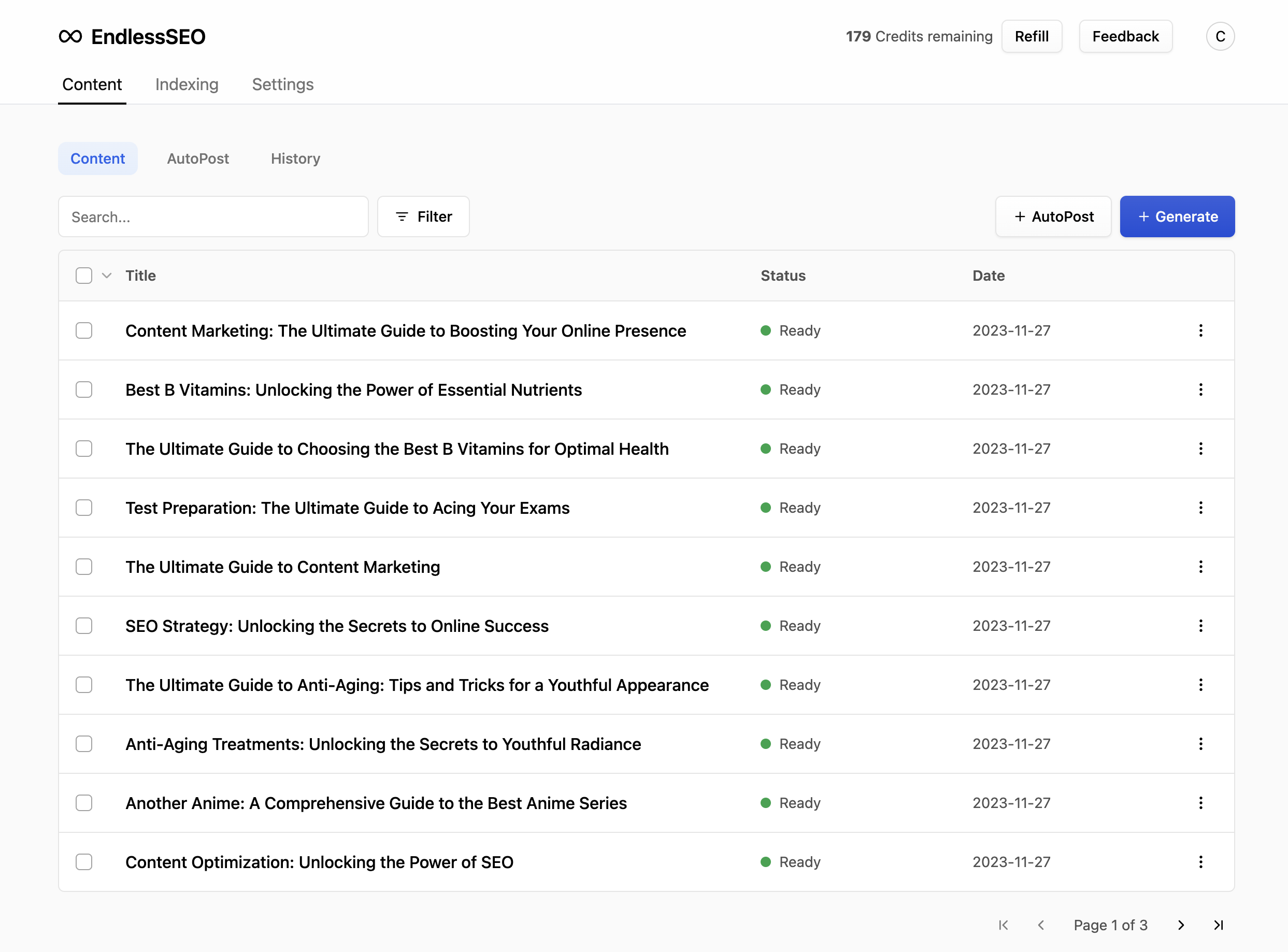 The dashboard of EndlessSEO showing a list of generated content