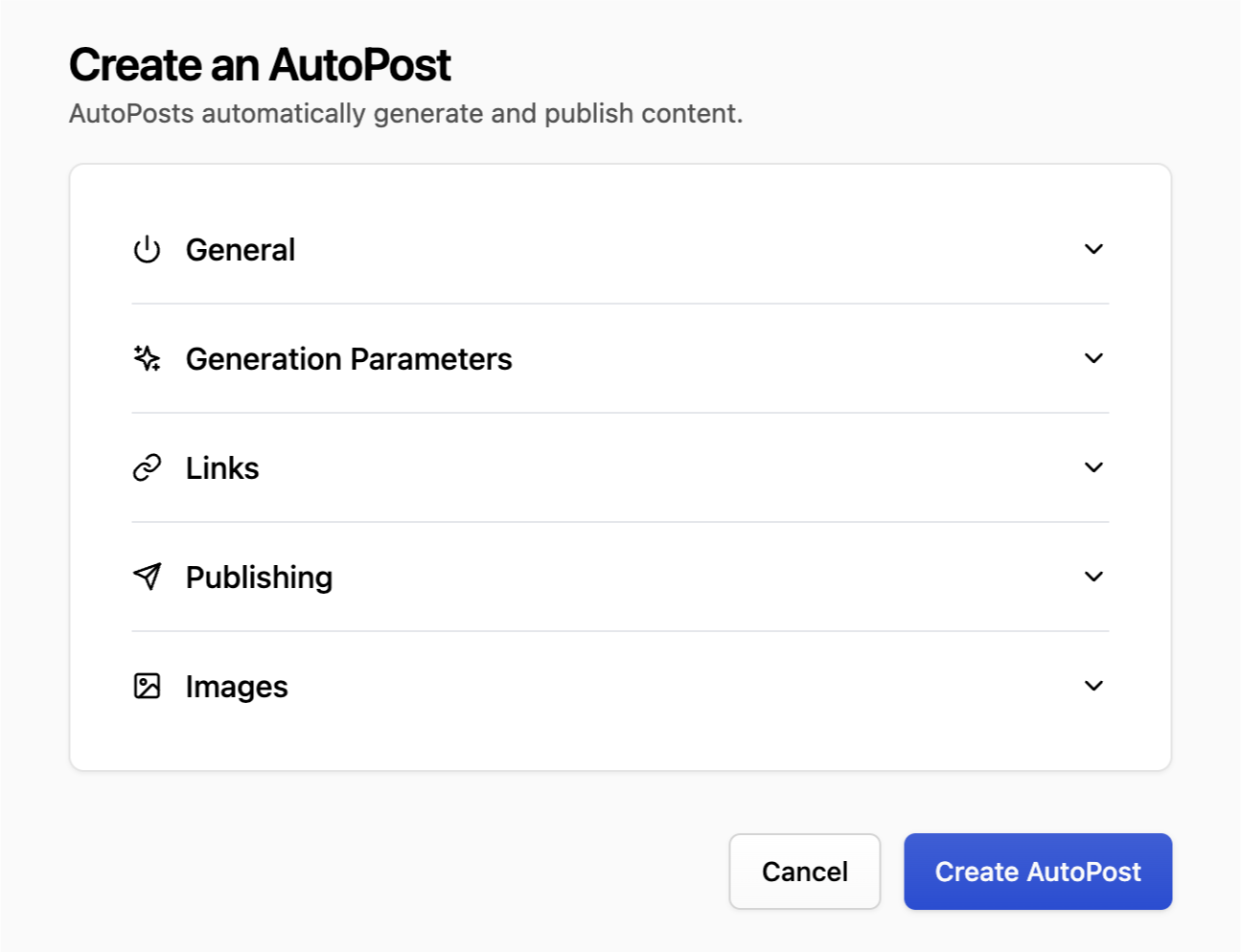 A modal prompting the user to create an AutoPost with configuration options
