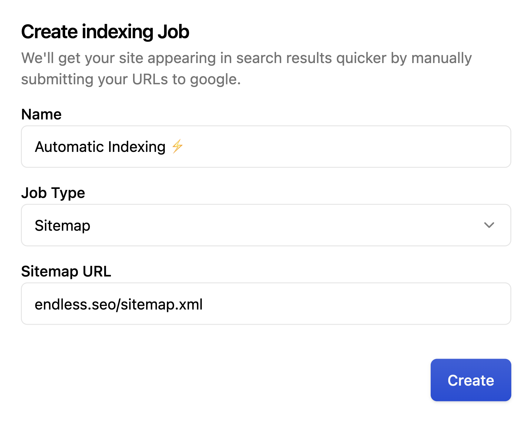 A modal prompting the user to create an indexing job